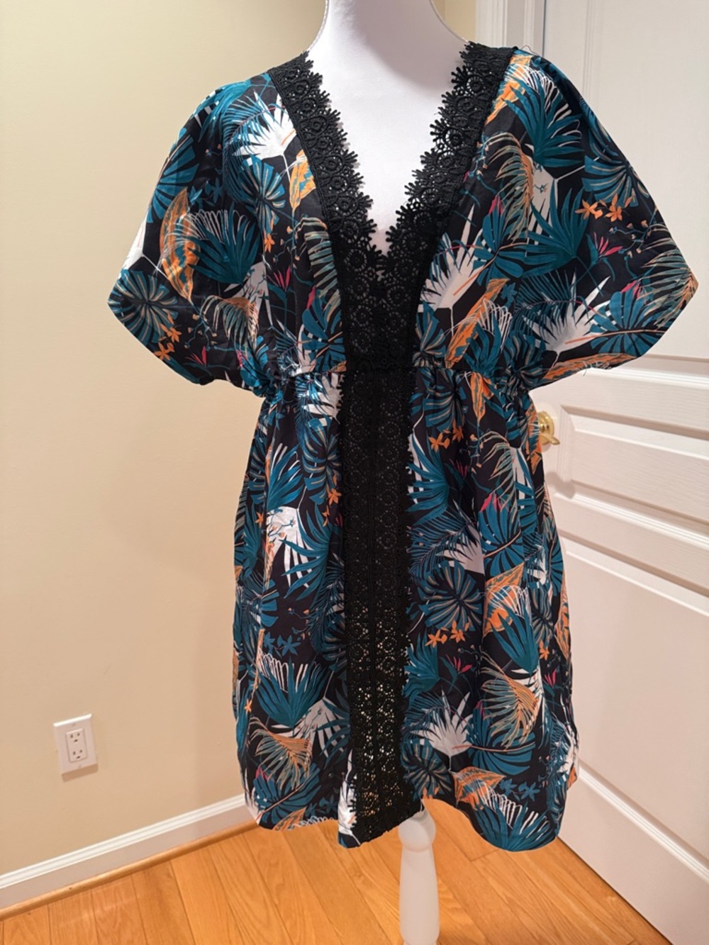 Tropical Leaf Dress with Black Lace Trim